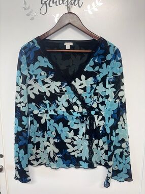 Apt. 9 Black Floral Wrap Blouse with Blue Multi Print